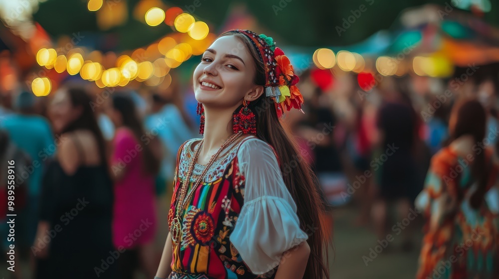 The cheerful woman enjoys the festive atmosphere adorned in colorful traditional attire The cheerful woman enjoys the festive atmosphere adorned in colorful traditional attire