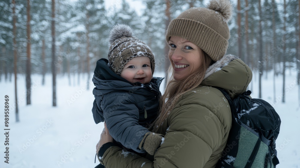 A joyful mother embraces her toddler during a snowy forest adventure surrounded by nature A joyful mother embraces her toddler during a snowy forest adventure surrounded by nature