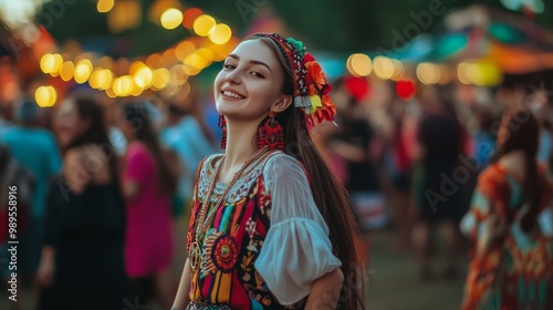 The cheerful woman enjoys the festive atmosphere adorned in colorful traditional attire