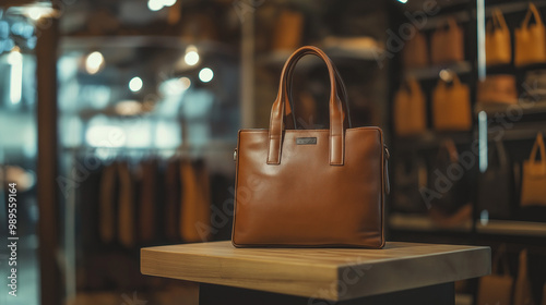Wallpaper Mural Classic brown leather handbag displayed on a wooden stand in a stylish boutique, with shelves of luxury accessories in the background. Timeless design perfect for everyday use. Torontodigital.ca