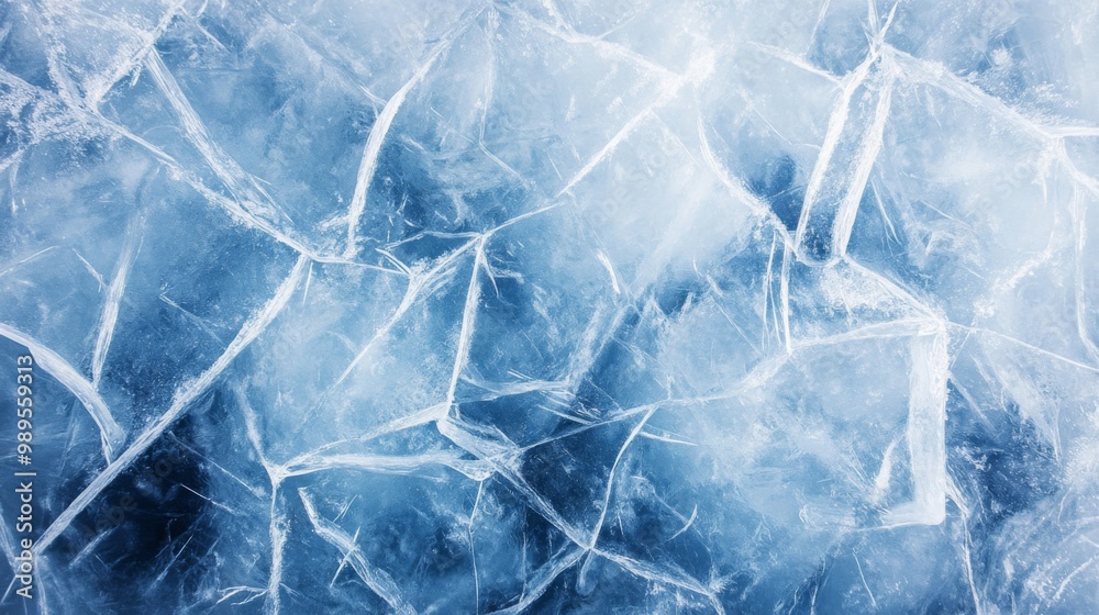 Obraz premium Close-up shot of cracked ice with a blue hue, with lines of white showing through the ice.