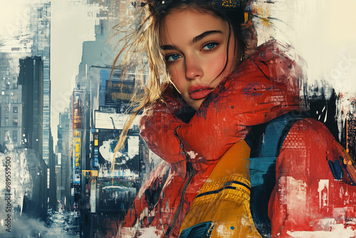 A vibrant urban exploration capturing a fashion-forward individual layered in striking outerwear amidst an expressive city backdrop during daylight