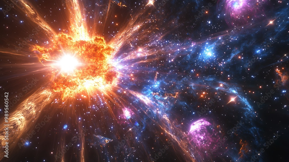 Fototapeta premium Hypernova explosion sending out relativistic jets with a nearby Cepheid variable star and the Laniakea Supercluster in the background