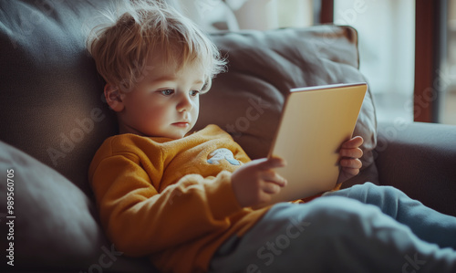 Little blonde-haired child boy sitting on comfortable sofa in living room with wi-fi connected tablet in hands and watching cartoons. Modern digital devices, kids' eye health, digital hygiene concept.