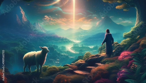 Sheep and Shepherd in a mystic forest