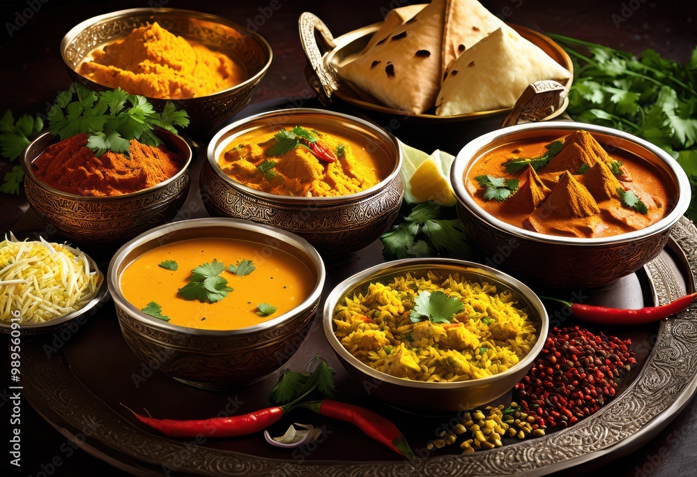 vibrant display spices traditional indian dishes showcasing rich colors textures culinary feast, food, ingredients, herbs, aroma, plate, platter, vegetable