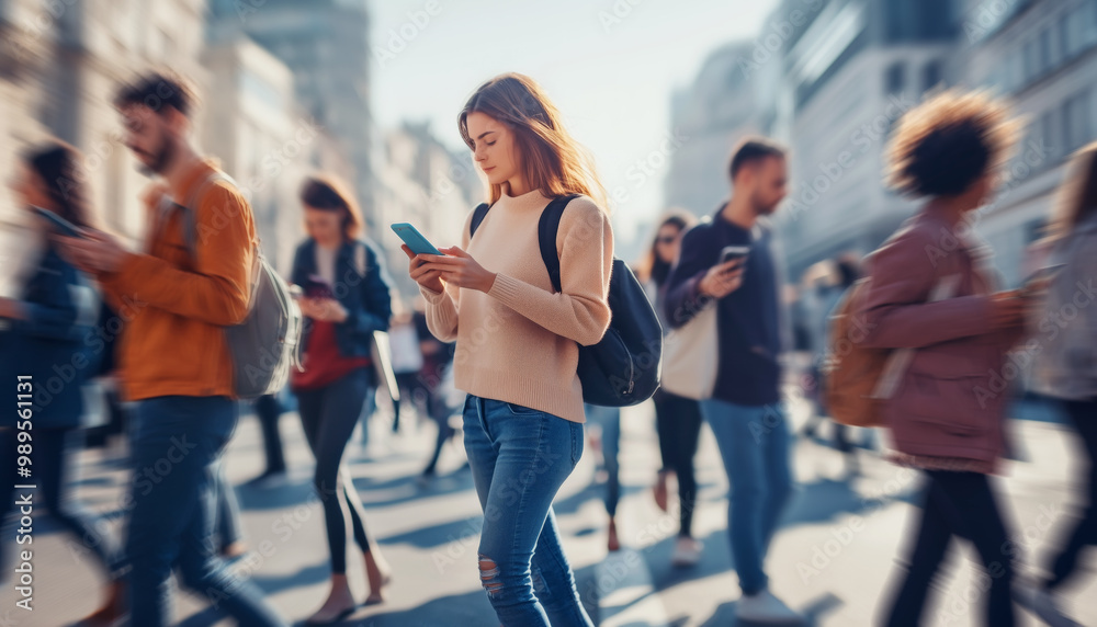 Fototapeta premium crowd of people walking on a city street, each holding a phone and looking at it. The image represents social media addiction, mobile device usage, and wireless data transfer concepts.