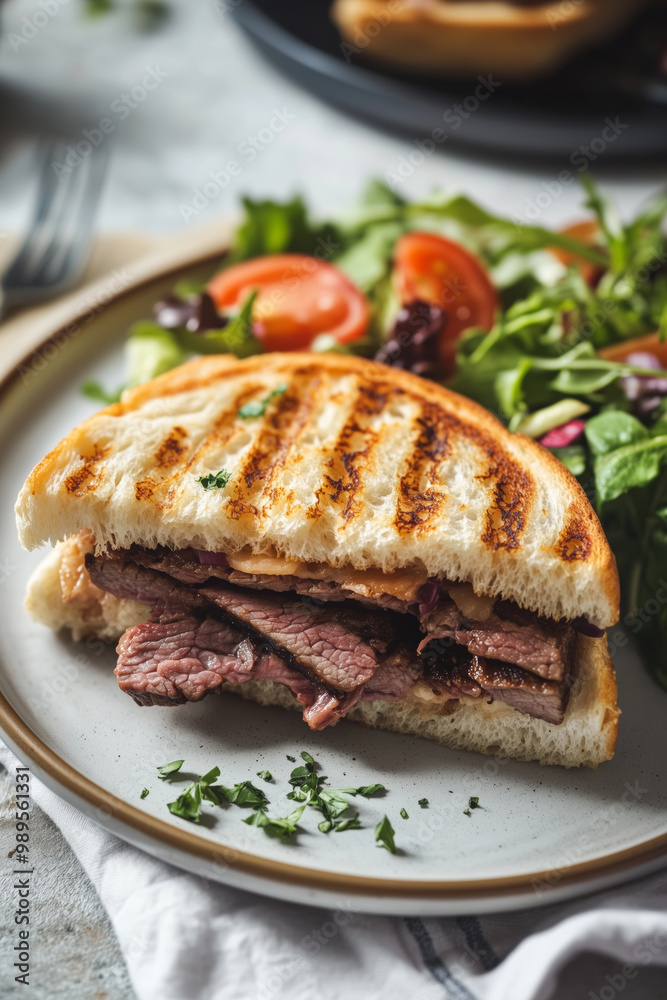 Savor the mouthwatering roast beef panini served with fresh salad and dipping sauce at a cozy cafe on a sunny afternoon Savor the mouthwatering roast beef panini served with fresh salad and dipping sauce at a cozy cafe on a sunny afternoon