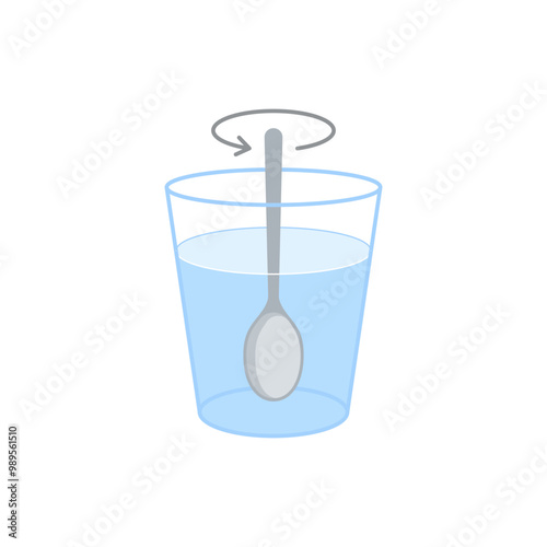 Glass with water and spoon. Stir mix drink in cup. Vector illustration