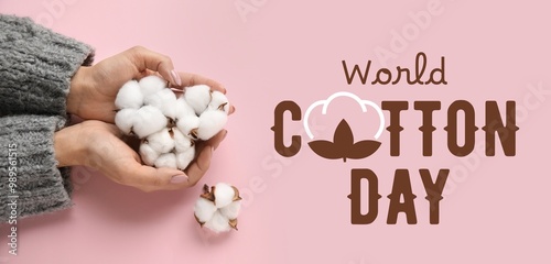 Banner for World Cotton Day with hand holdings cotton flowers photo