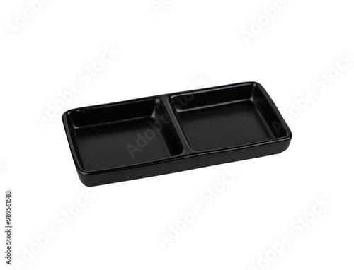 Two compartment black ceramic snack serving tray isolated over white background