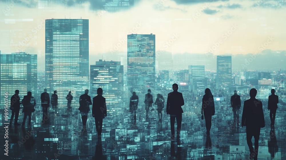 Silhouettes of business professionals against a futuristic city skyline during twilight hours showcasing urban life and innovation Silhouettes of business professionals against a futuristic city skyline during twilight hours showcasing urban life and innovation