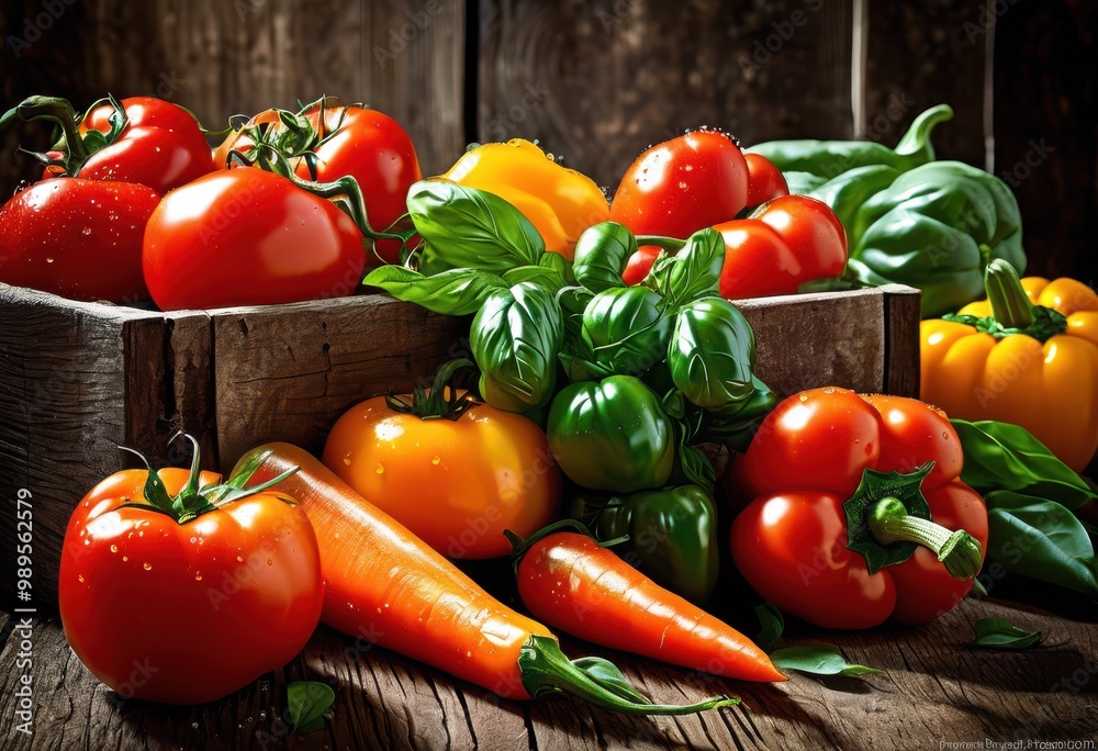 colorful vibrant vegetable arrangement displayed rustic textured wooden surface evoking freshness natural beauty, artistic, aesthetic, beautiful, bright colorful vibrant vegetable arrangement displayed rustic textured wooden surface evoking freshness natural beauty, artistic, aesthetic, beautiful, bright