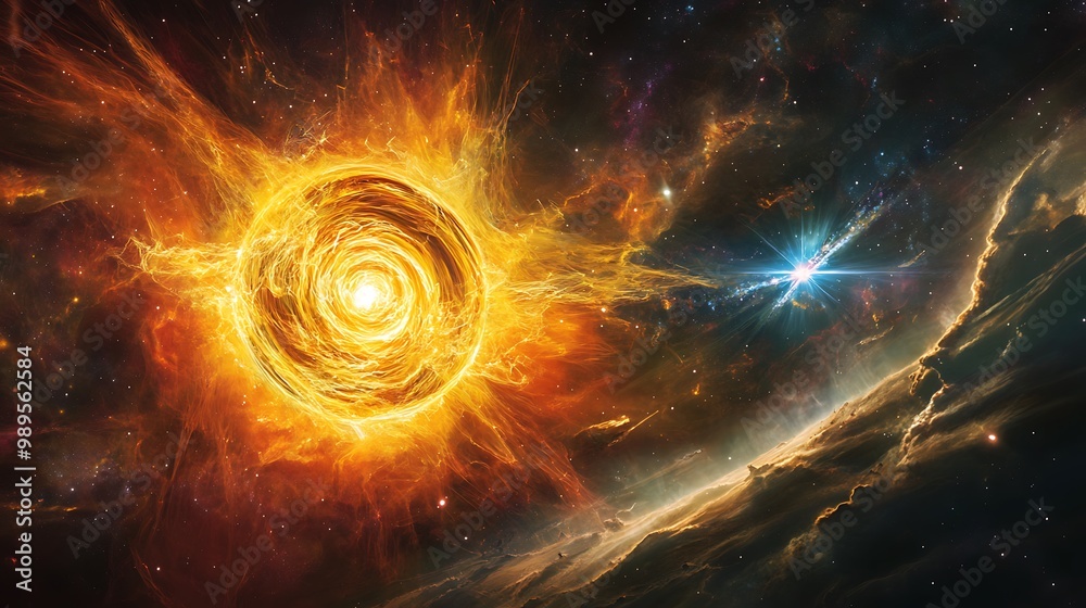 Fototapeta premium Magnetar Encircled by an Accretion Disk and Molecular Cloud with a Distant Quasar and Dark Energy