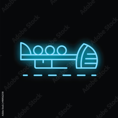Blue neon sign representing a bobsleigh going down the icy track on a black background