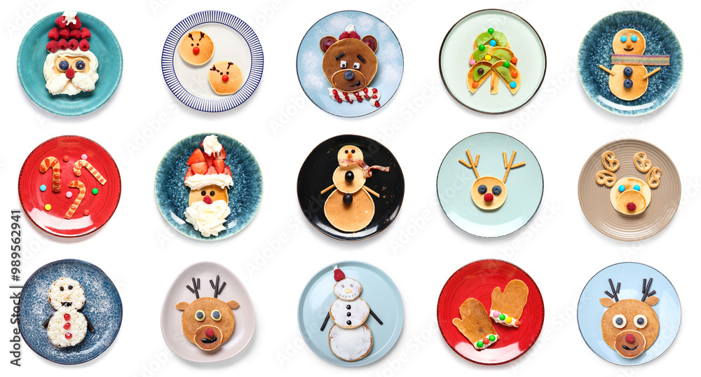 Set of tasty Christmas breakfasts with pancakes on white background Set of tasty Christmas breakfasts with pancakes on white background