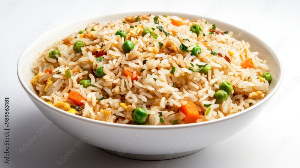 A large white bowl filled with a generous portion of freshly made fried rice, garnished with peas, carrots and scrambled egg. A large white bowl filled with a generous portion of freshly made fried rice, garnished with peas, carrots and scrambled egg.