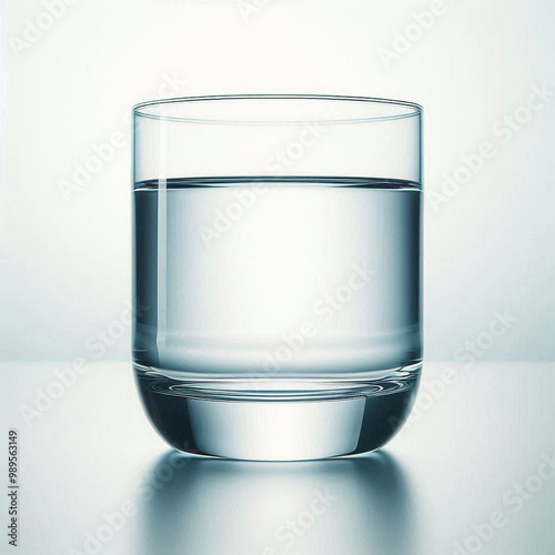 A perfectly symmetrical clear glass of water with soft reflections, placed on a white background