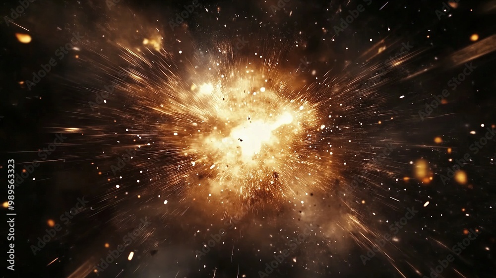A brilliant explosion emits fiery sparks and debris in a darkened environment, illuminating the surroundings dramatically A brilliant explosion emits fiery sparks and debris in a darkened environment, illuminating the surroundings dramatically