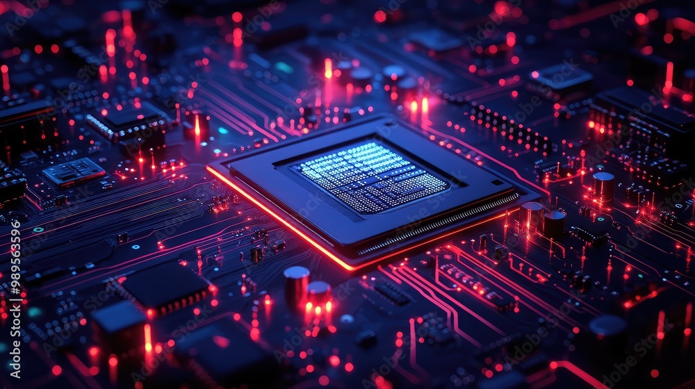 Realistic Digital Illustration of Computer Motherboard with Chip, Processor, and Semiconductor on Technology Background Realistic Digital Illustration of Computer Motherboard with Chip, Processor, and Semiconductor on Technology Background