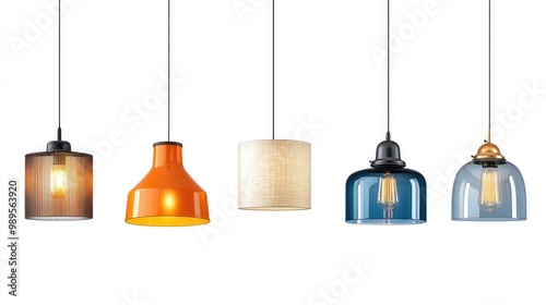 Modern and Retro Style Light Fixtures Hanging on Wire, Featuring Chandeliers and Pendant Lanterns with Lampshades for Home and Office Decor