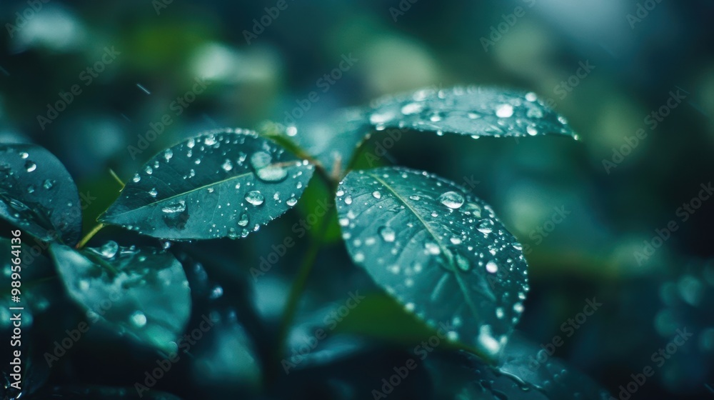Dewdrops on dark green leaves in close-up Dewdrops on dark green leaves in close-up