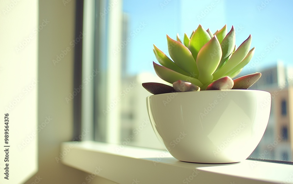 Bright and serene succulent plant on a windowsill in a sunlit urban apartment during midday Bright and serene succulent plant on a windowsill in a sunlit urban apartment during midday