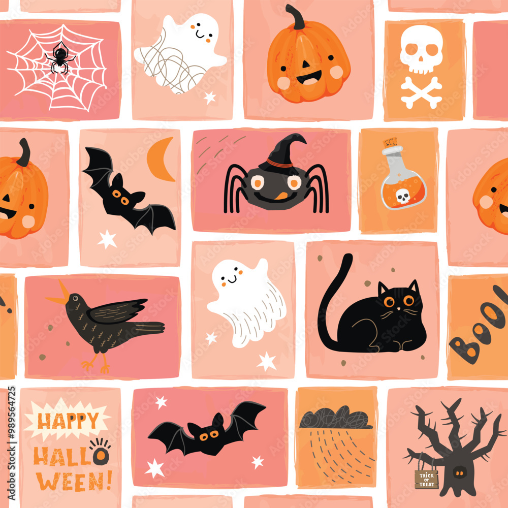 Obraz premium Mosaic seamless pattern with Halloween characters and elements.Black cat,bat,web,spider,pumpkin,scary tree,ghost, skull, potion,crow,handwritten.Grange shapes background.Vector flat color illustration