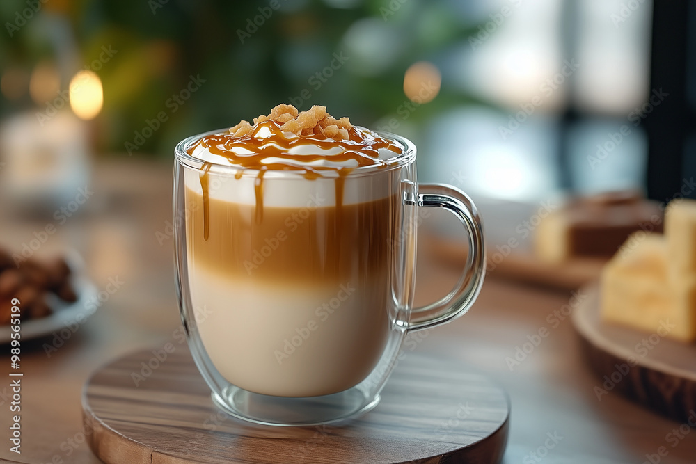 Caramel macchiato with whipped cream and nuts, cozy café table Caramel macchiato with whipped cream and nuts, cozy café table