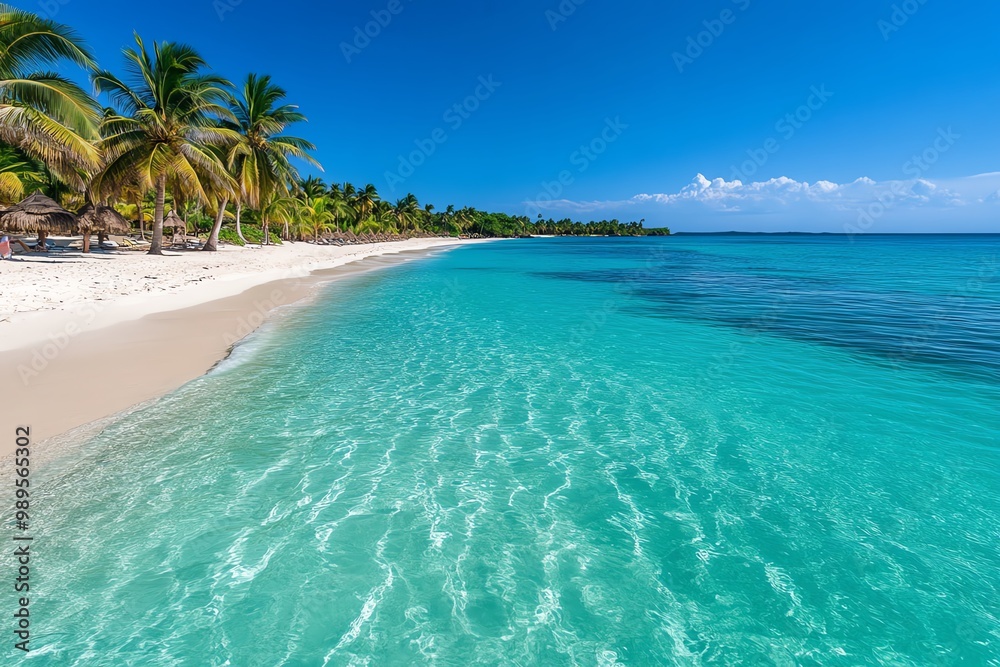 Fototapeta premium A tropical beach with crystal-clear turquoise water, palm trees swaying in the breeze and white sand stretching into the distance