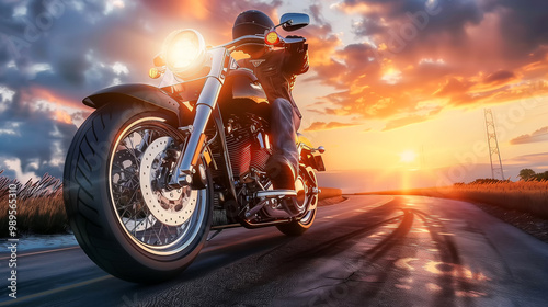 Ultra-realistic image of a biker riding a motorcycle along Route 66 during sunset, captured in a side view with dramatic lighting