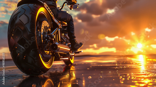 Ultra-realistic image of a biker riding a motorcycle along Route 66 during sunset, captured in a side view with dramatic lighting