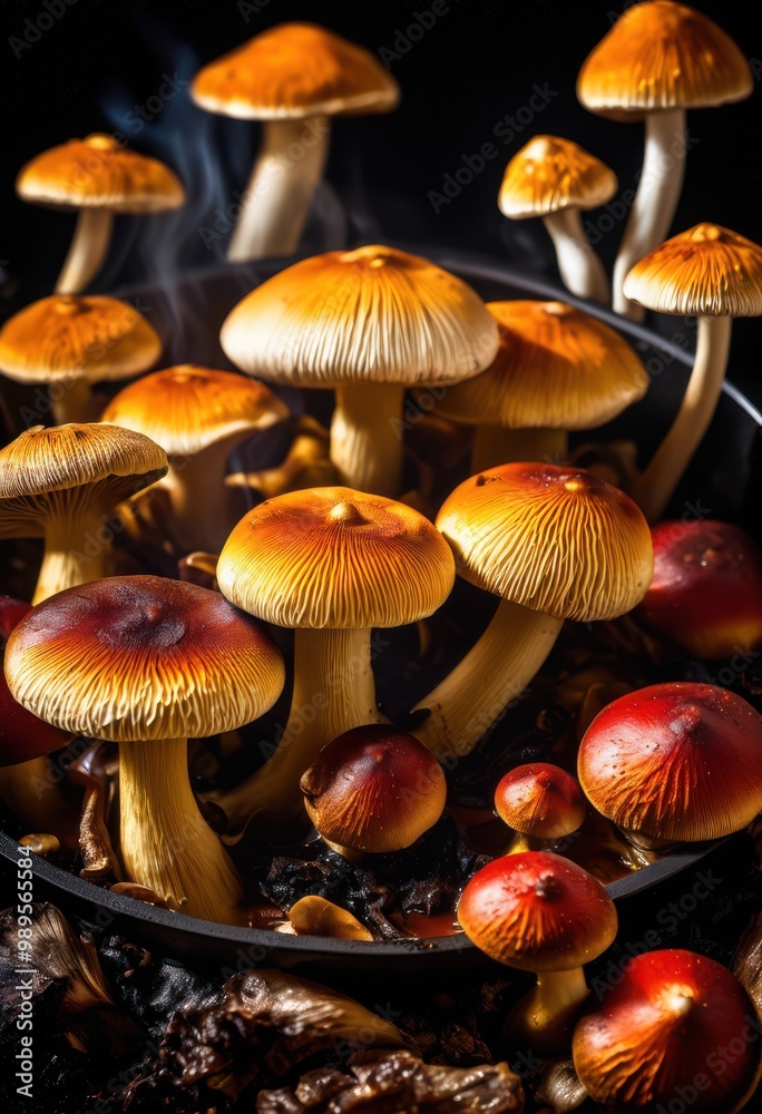vibrant mushrooms sizzling heated pan rich colors textures capturing essence culinary delight, cooking, food, ingredient, gourmet, dish, meal, kitchen vibrant mushrooms sizzling heated pan rich colors textures capturing essence culinary delight, cooking, food, ingredient, gourmet, dish, meal, kitchen