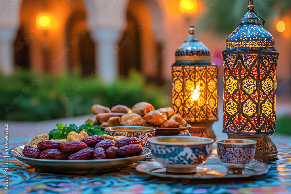 Moroccan Tea Time Elegance. An exotic outdoor setting with Moroccan lanterns, traditional snacks, and a warm sunset, perfect for a cultural tea experience.
Moroccan Tea Time Elegance. An exotic outdoor setting with Moroccan lanterns, traditional snacks, and a warm sunset, perfect for a cultural tea experience.