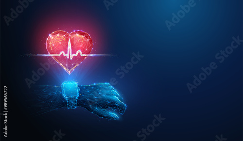 Abstract illustration of smart watch projecting heart pulse wave hologram in low poly style. Blue geometric background depicting heart healthcare, fitness tracking and medicine concept by wireframe