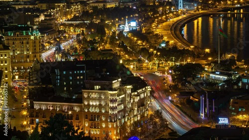 Night Timelapse of Baku Traffic: Aerial View 4K