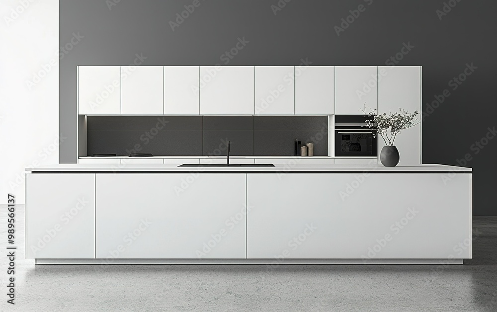 Modern minimalist kitchen design featuring a sleek white island and cabinetry against a dark wall, emphasizing open space and functionality