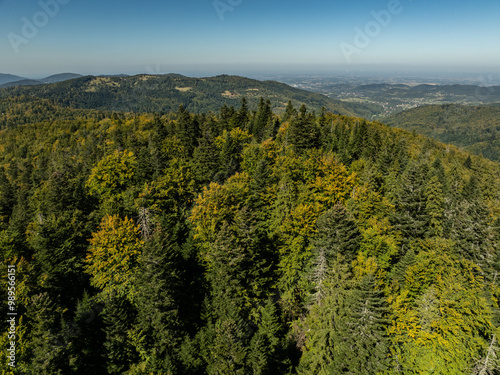 Beskid Maly aerial panorama of potrojna hill and czarny gron.Little Beskids mountain range in summer.Aerial drone view of Rzyki Village in Beskid Maly Poland.Czarny gron ski resort in Rzyki. photo