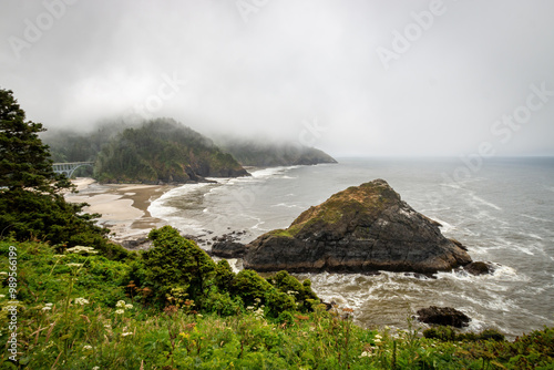 Scenic view Cape Cove Beach and Devils Elbow at Oregon Pacific Coast, USA on a cloudy summer day photo