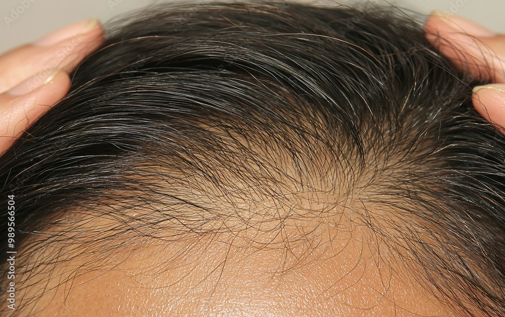 Fototapeta premium Close-up view of thinning hair on a scalp, highlighting hair loss patterns experienced in early adulthood