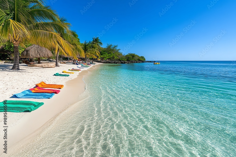 Fototapeta premium A tropical beach with crystal-clear water, white sand, and colorful beach towels laid out under palm trees