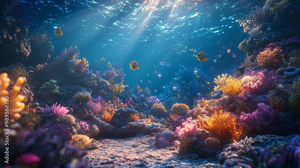 Seascape, underwater life, fish and plankton, corals Seascape, underwater life, fish and plankton, corals