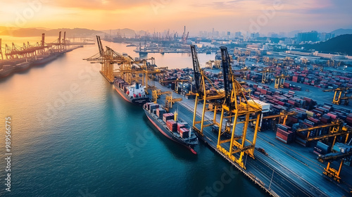Aerial view of a port expansion project, with cranes and shipping facilities under construction