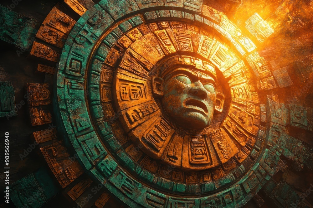 Fototapeta premium Ancient Mayan Carved Stone Face with Geometric Patterns