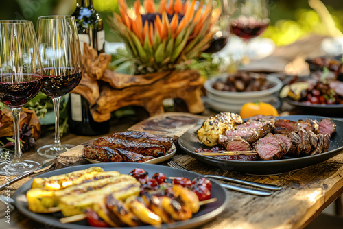 Al Fresco Dining Delight, Grilled Feast and Wine. A luxurious outdoor dining scene with grilled meats and vibrant wine glasses, set in a lush garden. 