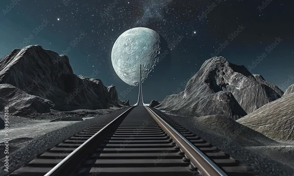 surreal rail tracks leading to the mon