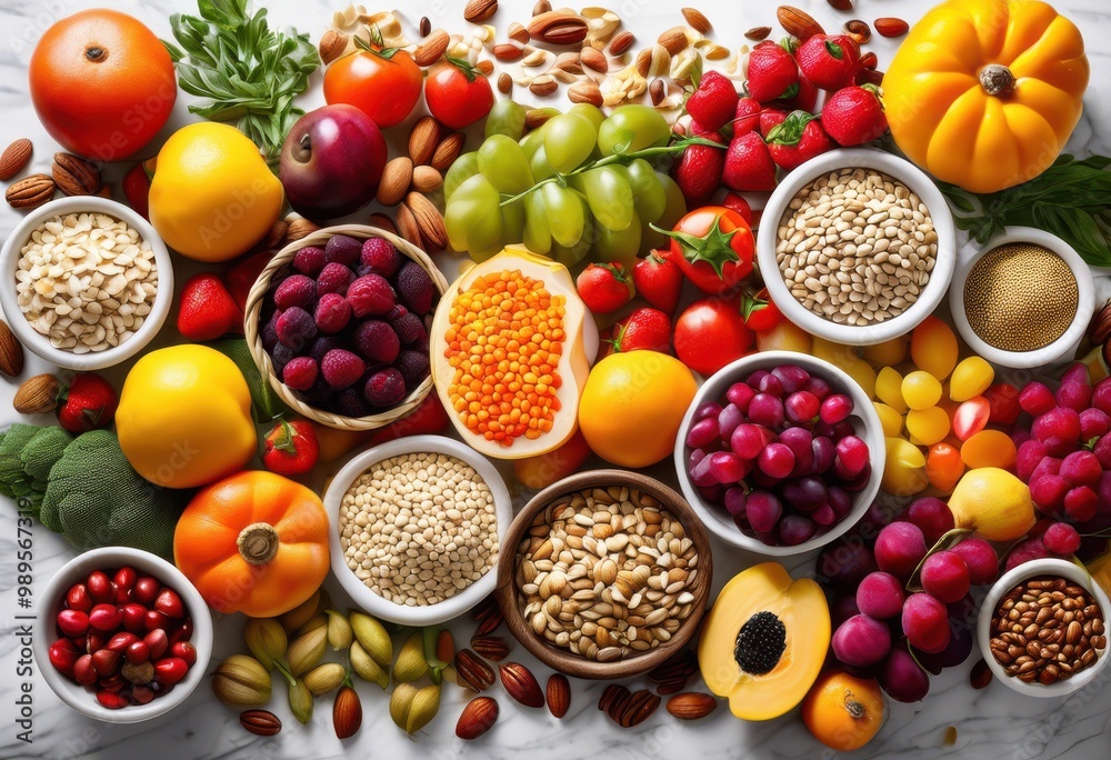 colorful allergen free food arranged neatly clean surface showcasing freshness variety, vibrant, healthy, vegetables, fruits, grains, nuts, seeds