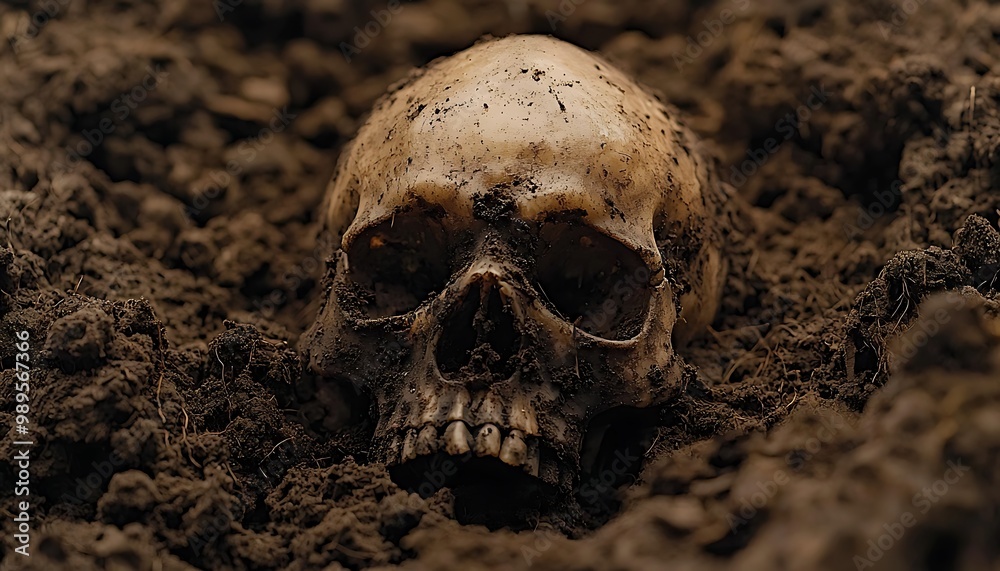 Detailed depiction of a human skull buried in soil, emphasizing decay and history. Detailed depiction of a human skull buried in soil, emphasizing decay and history.