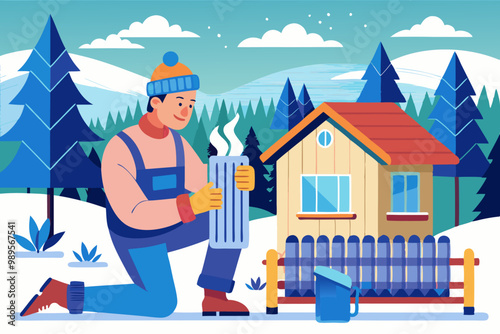 Ilustración de un técnico ajustando un radiador al aire libre en un entorno cubierto de nieve. El trabajador lleva ropa de invierno para protegerse del frío.