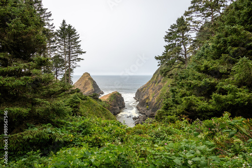 Scenic view Heceta Head peninsula at Oregon Pacific Coast, USA on a cloudy summer day photo